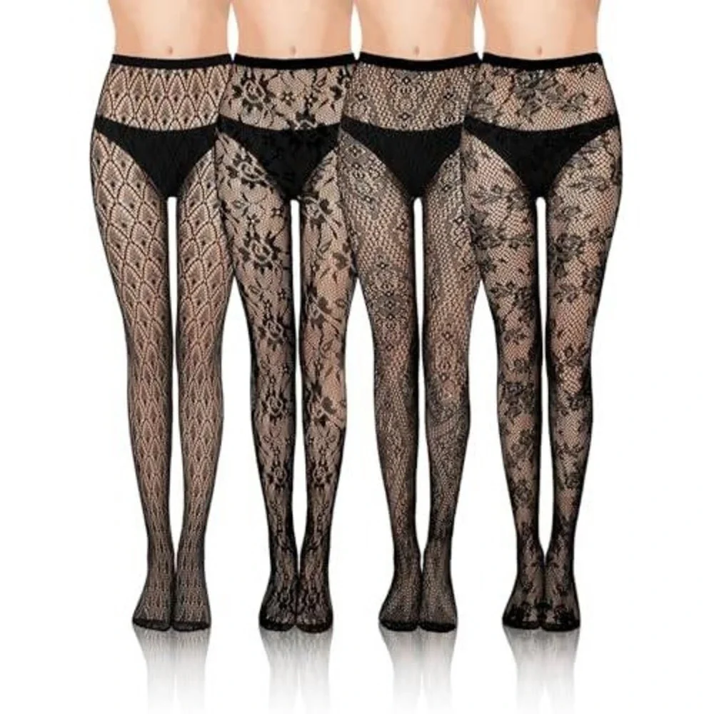 4 Pack Black Floral Lace Fishnet Tights High Waisted‎ Rose Pattern Stockings